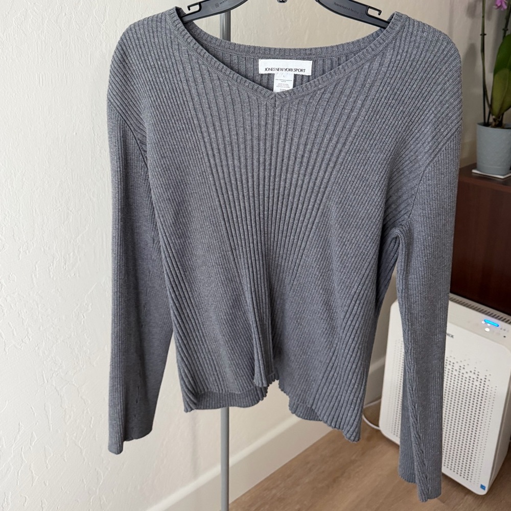 Grey Cotton V Neck Sweater